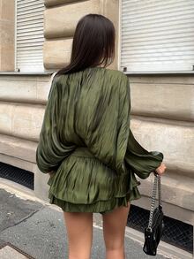 Firerie Women's Solid Color Dropped Shoulder Long Sleeve Tie Neck Pleated Mini Dress Festival Party Night Out Wedding Concert Ceremony Sexy Olive Green - Green - View 2