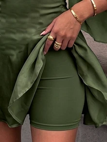 Firerie Women's Solid Color Dropped Shoulder Long Sleeve Tie Neck Pleated Mini Dress Festival Party Night Out Wedding Concert Ceremony Sexy Olive Green - Green - View 9