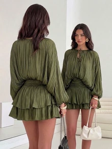 Firerie Women's Solid Color Dropped Shoulder Long Sleeve Tie Neck Pleated Mini Dress Festival Party Night Out Wedding Concert Ceremony Sexy Olive Green - Green - View 7