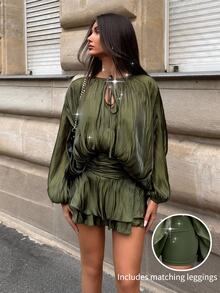 Firerie Women's Solid Color Dropped Shoulder Long Sleeve Tie Neck Pleated Mini Dress Festival Party Night Out Wedding Concert Ceremony Sexy Olive Green - Green - View 1