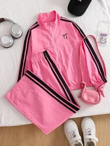 SHEIN 少女秋季套裝 蝴蝶結圖案拼接色拉鍊長袖外套與長褲 休閒日常穿搭 - 粉色 - 查看 6