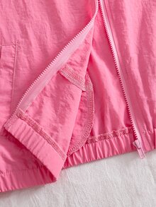 SHEIN 少女秋季套裝 蝴蝶結圖案拼接色拉鍊長袖外套與長褲 休閒日常穿搭 - 粉色 - 查看 4