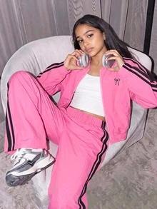 SHEIN 少女秋季套裝 蝴蝶結圖案拼接色拉鍊長袖外套與長褲 休閒日常穿搭 - 粉色 - 查看 1