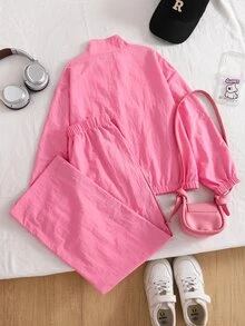 SHEIN 少女秋季套裝 蝴蝶結圖案拼接色拉鍊長袖外套與長褲 休閒日常穿搭 - 粉色 - 查看 2