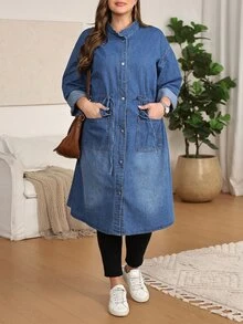 EMERY ROSE EMERY ROSE Plus Size Women's Long Sleeve Single-Breasted Drawstring Waist Casual Long Hooded Denim Jacket Fall/Winter - Blue - View 4
