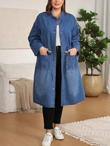EMERY ROSE EMERY ROSE Plus Size Women's Long Sleeve Single-Breasted Drawstring Waist Casual Long Hooded Denim Jacket Fall/Winter - Blue - View 8