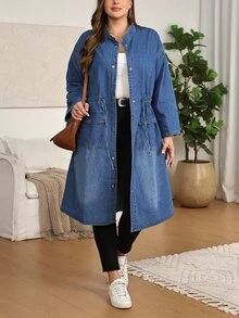 EMERY ROSE EMERY ROSE Plus Size Women's Long Sleeve Single-Breasted Drawstring Waist Casual Long Hooded Denim Jacket Fall/Winter - Blue - View 7