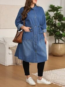 EMERY ROSE EMERY ROSE Plus Size Women's Long Sleeve Single-Breasted Drawstring Waist Casual Long Hooded Denim Jacket Fall/Winter - Blue - View 5
