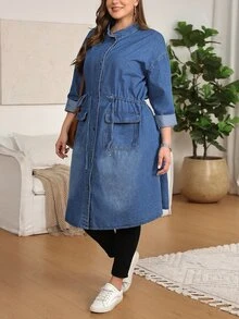 EMERY ROSE EMERY ROSE Plus Size Women's Long Sleeve Single-Breasted Drawstring Waist Casual Long Hooded Denim Jacket Fall/Winter - Blue - View 6