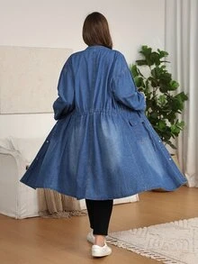 EMERY ROSE EMERY ROSE Plus Size Women's Long Sleeve Single-Breasted Drawstring Waist Casual Long Hooded Denim Jacket Fall/Winter - Blue - View 2