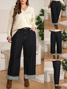 EMERY ROSE Plus Size Casual Washed Vintage Denim Jeans Fall/Winter Teacher Outfits For Women - Blue - View 1