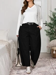 EMERY ROSE EMERY ROSE Plus Size Women's Tapered Casual Loose Versatile Denim Jeans Fall/Winter,Quiet Luxury,Office Outfit,All Season,Halloween,Christmas,Elegant,Going Out - Black - View 8