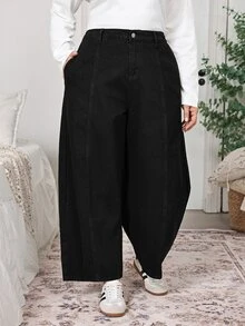 EMERY ROSE EMERY ROSE Plus Size Women's Tapered Casual Loose Versatile Denim Jeans Fall/Winter,Quiet Luxury,Office Outfit,All Season,Halloween,Christmas,Elegant,Going Out - Black - View 9