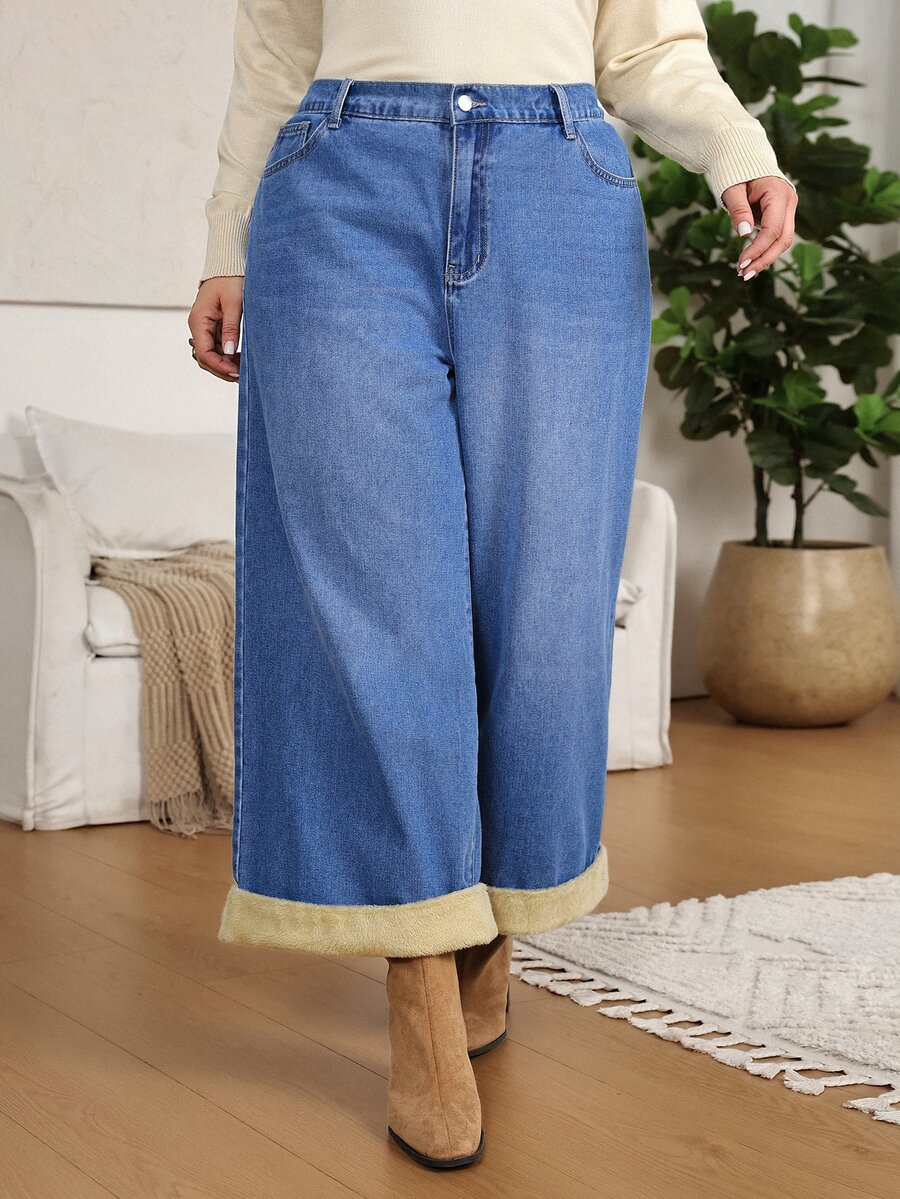EMERY ROSE EMERY ROSE Plus Size Women's Loose Casual Denim Jeans,Fleece Lined Cuff Denim,A-Line Wide Leg Silhouette,Halloween,Christma,A-Line Wide Leg Silhouette,Relaxed