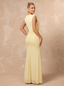 Lumalex Pale Yellow Mesh Maxi Dress,Elegant Deep V-Neck Sheer Pleated Cap Sleeve Bodycon Dress For Summer,Dinner,Wedding,Prom,Vacation,Draping Back Slit Hem - Pale Yellow - View 7