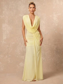 Lumalex Pale Yellow Mesh Maxi Dress,Elegant Deep V-Neck Sheer Pleated Cap Sleeve Bodycon Dress For Summer,Dinner,Wedding,Prom,Vacation,Draping Back Slit Hem - Pale Yellow - View 4