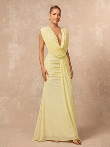 Lumalex Pale Yellow Mesh Maxi Dress,Elegant Deep V-Neck Sheer Pleated Cap Sleeve Bodycon Dress For Summer,Dinner,Wedding,Prom,Vacation,Draping Back Slit Hem - Pale Yellow - View 3