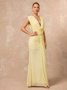 Lumalex Pale Yellow Mesh Maxi Dress,Elegant Deep V-Neck Sheer Pleated Cap Sleeve Bodycon Dress For Summer,Dinner,Wedding,Prom,Vacation,Draping Back Slit Hem - Pale Yellow - View 5