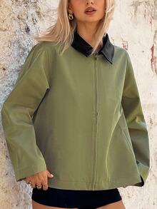 SHEIN ICON 女士纯色撞色领口拉链长袖简约绿色夹克 - 軍綠色 - 查看 8
