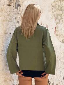 SHEIN ICON 女士纯色撞色领口拉链长袖简约绿色夹克 - 軍綠色 - 查看 2