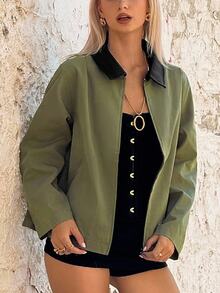SHEIN ICON 女士纯色撞色领口拉链长袖简约绿色夹克 - 軍綠色 - 查看 1
