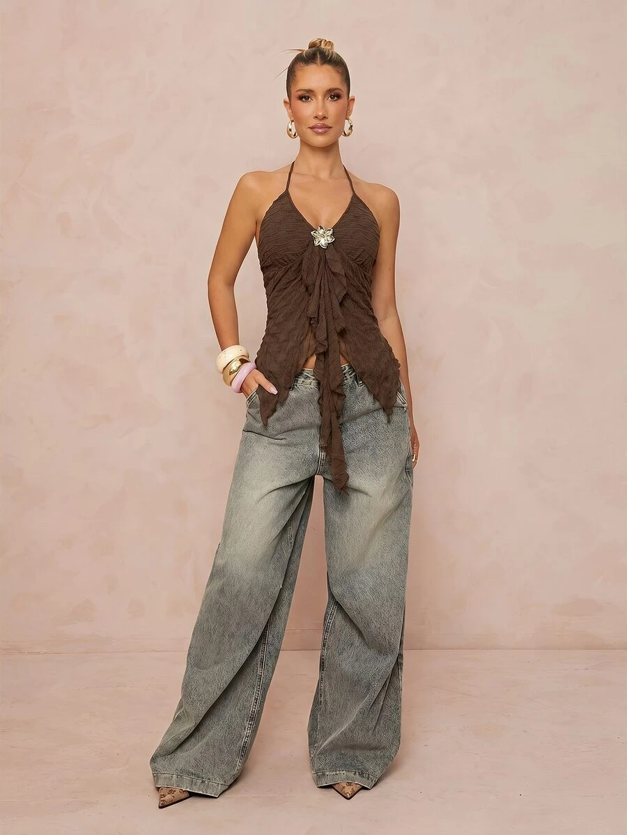 Lumalex Women's Halter Neck Metal Decor Ruffle Asymmetric Hem Brown Pleated Cinched Waist Top