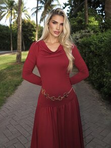 Luzma Cabello Luzma Cabello Women's Autumn/Winter Coffee Color Plunging Necklace Decor Long Sleeve Simple Elegant Dress - Burgundy - View 3