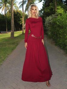 Luzma Cabello Luzma Cabello Women's Autumn/Winter Coffee Color Plunging Necklace Decor Long Sleeve Simple Elegant Dress - Burgundy - View 4