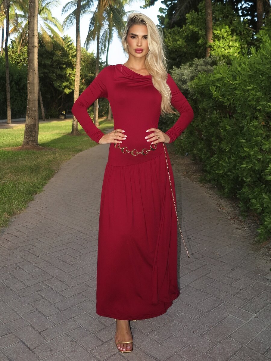 Luzma Cabello Luzma Cabello Women's Autumn/Winter Coffee Color Plunging Necklace Decor Long Sleeve Simple Elegant Dress - Burgundy - View 1