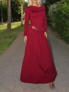 Luzma Cabello Luzma Cabello Women's Autumn/Winter Coffee Color Plunging Necklace Decor Long Sleeve Simple Elegant Dress - Burgundy - View 6