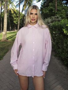 Luzma Cabello Luzma Cabello Women's Striped Drop Shoulder Long Sleeve Single-Breasted Casual Loose Shirt - Pink - View 3