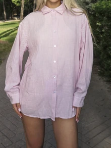 Luzma Cabello Luzma Cabello Women's Striped Drop Shoulder Long Sleeve Single-Breasted Casual Loose Shirt - Pink - View 6