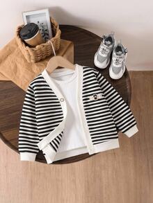 New Boys' Autumn/Winter Korean Style Striped Versatile Jacket, Long Sleeve Top For Toddlers And Young Children - Black - View 1