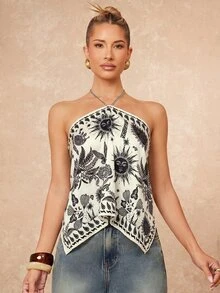 Lumalex Beige Scarf Halter Top,Celestial Botanical Print Paisley Sun Moon Star,Chain Neck Strap,Open Back Lace Up,Boho Vacation Summer Cover Up Beach - Black and White - View 4