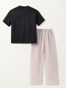 SHEIN Casuvi Kids Tween Boy Letter Print T-Shirt & Pants 2 Pieces Set - Black - View 2