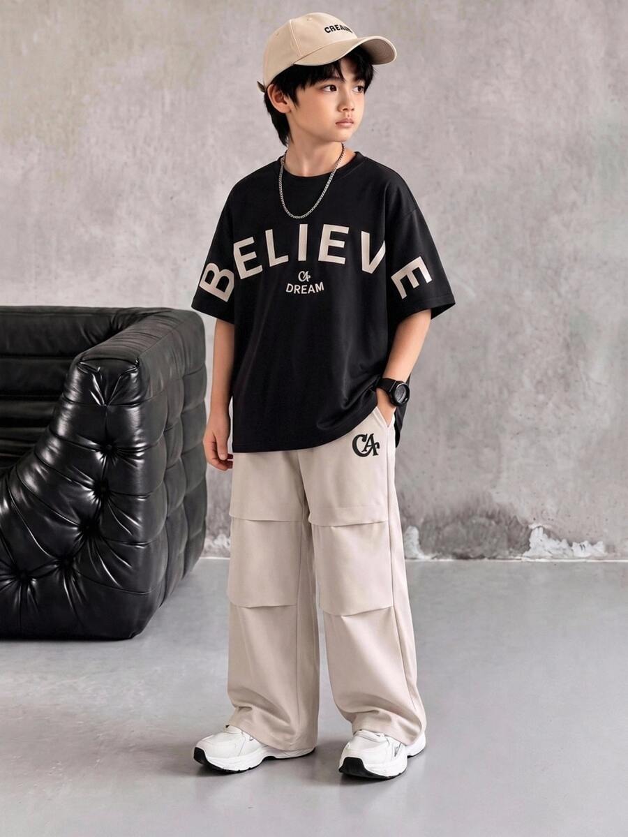 SHEIN Casuvi Kids Tween Boy Letter Print T-Shirt & Pants 2 Pieces Set - Black - View 1