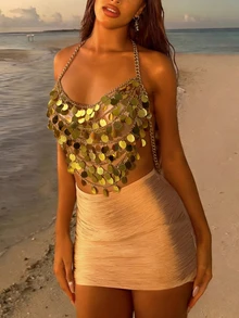 Lumalex 女款優雅金色夏季70年代風晚會派對亮片上衣，透視閃亮金色亮片細肩帶短版上衣，適合海灘度假與節慶 - 黃色 - 查看 6