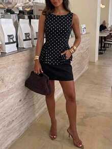 Serisse Spring/Summer New Black & White Polka Dot Sleeveless Tank Top For Women,Summer Top Elegant - Black - View 4