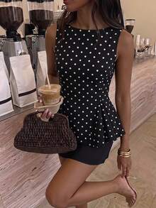 Serisse Spring/Summer New Black & White Polka Dot Sleeveless Tank Top For Women,Summer Top Elegant - Black - View 3