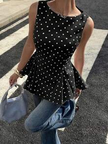 Serisse Spring/Summer New Black & White Polka Dot Sleeveless Tank Top For Women,Summer Top Elegant - Black - View 8