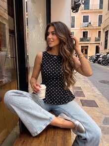 Serisse Spring/Summer New Black & White Polka Dot Sleeveless Tank Top For Women,Summer Top Elegant - Black - View 5