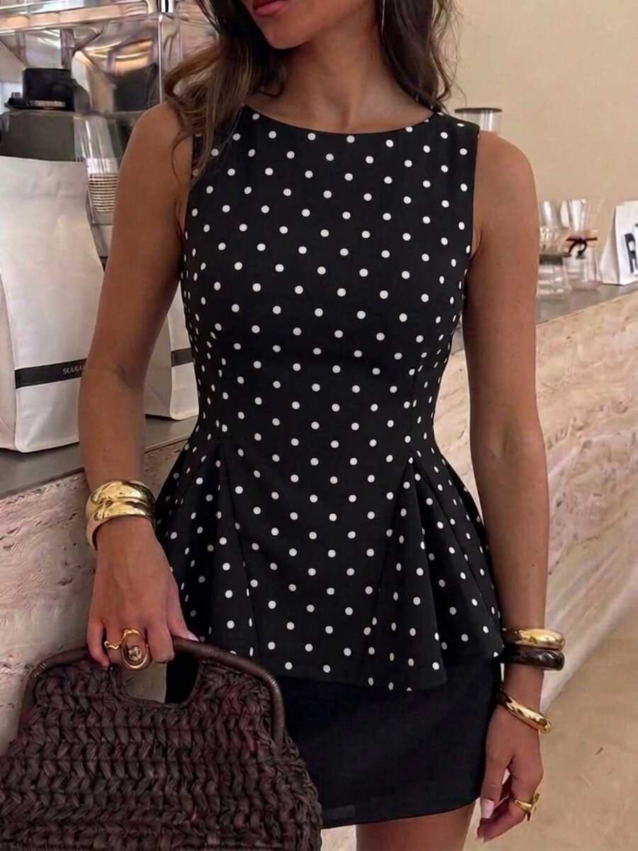 Serisse Spring/Summer New Black & White Polka Dot Sleeveless Tank Top For Women,Summer Top Elegant - Black - View 1