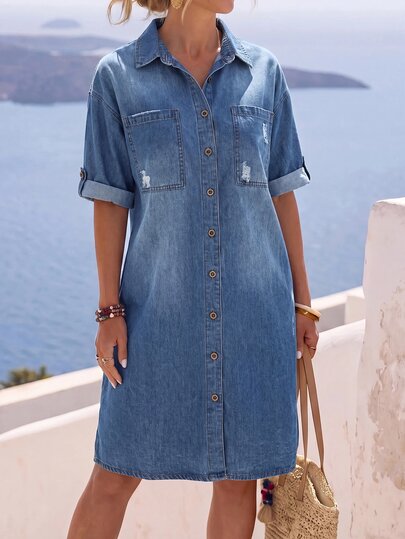 EMERY ROSE EMERY ROSE Plus Size Women's Short Sleeve Single-Breasted Casual Denim Shirt Dress Fall/Winter