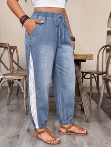 SHEIN EMERY ROSE CURVE Plus Size Lace Patchwork Fashion Pocket Denim Cropped Pants Fall/Winter - Blue - View 6