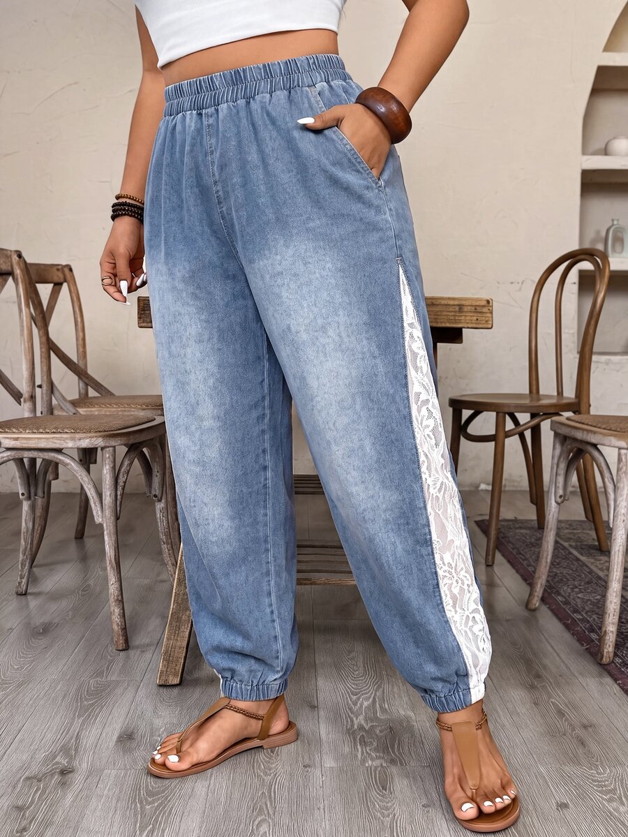 SHEIN EMERY ROSE CURVE Plus Size Lace Patchwork Fashion Pocket Denim Cropped Pants Fall/Winter