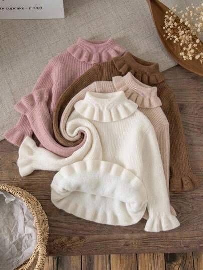 SHEIN Young Girl Young Girl Young Girl Solid Color Young Girl Knitted Stand Collar Ruffle Trim Casual Autumn Winter Sweater