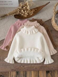SHEIN 女童素色針織立領荷葉邊休閒秋冬毛衣 - 米色 - 查看 3