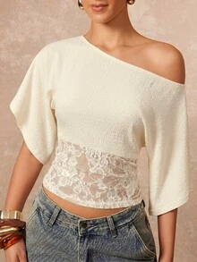 Lumalex 女款乳白色優雅透視蕾絲拼接不對稱領短版T恤，夏季早午餐修身束腰上衣，修身顯身材 - 杏色 - 查看 6