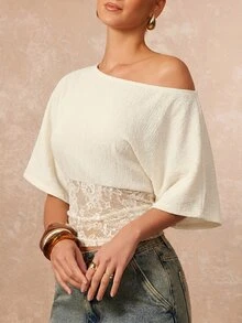 Lumalex 女款乳白色優雅透視蕾絲拼接不對稱領短版T恤，夏季早午餐修身束腰上衣，修身顯身材 - 杏色 - 查看 5
