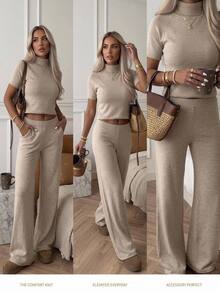 SHEIN Solid Ribbed Mock Neck Short Sleeve Top Lounge Pants Co-Ord Set, Suitable For Autumn, Cute Minimalist Casual And Basic Chic Beige Brunch - Beige - View 3